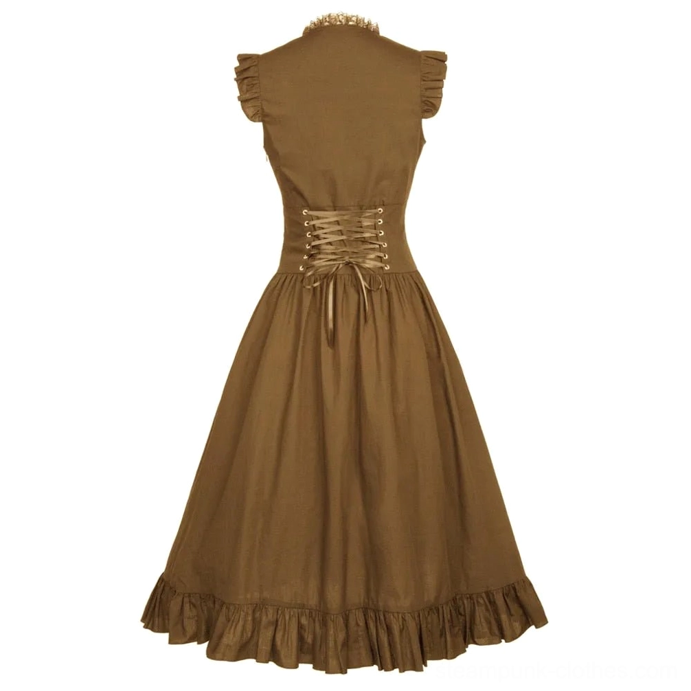 Steampunk corset dress back flat lay displaying lace-up back closure and functional grommet details