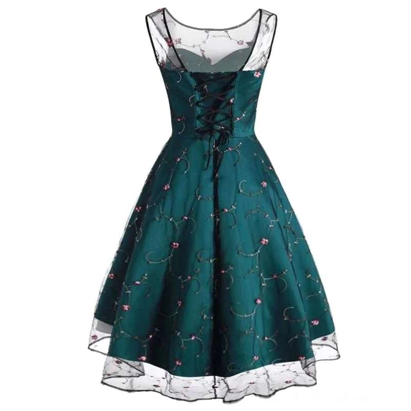 Steampunk dress back view showing lace-up corset closure and embroidered floral vine details on sheer mesh shoulder straps