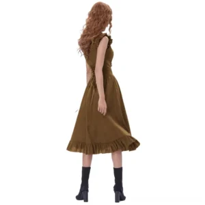 Steampunk Victorian dress back view showing lace-up corset back with gold grommets and ruffled skirt hem