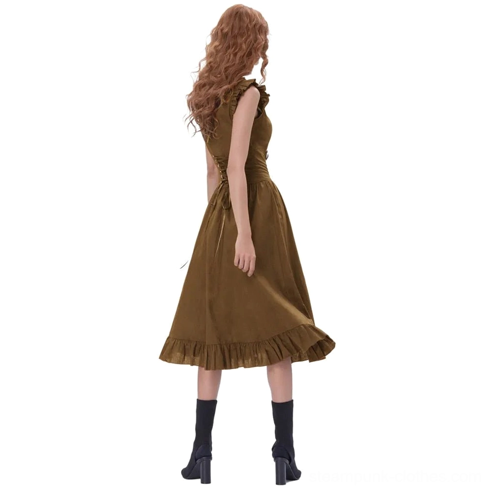 Steampunk Victorian dress back view showing lace-up corset back with gold grommets and ruffled skirt hem