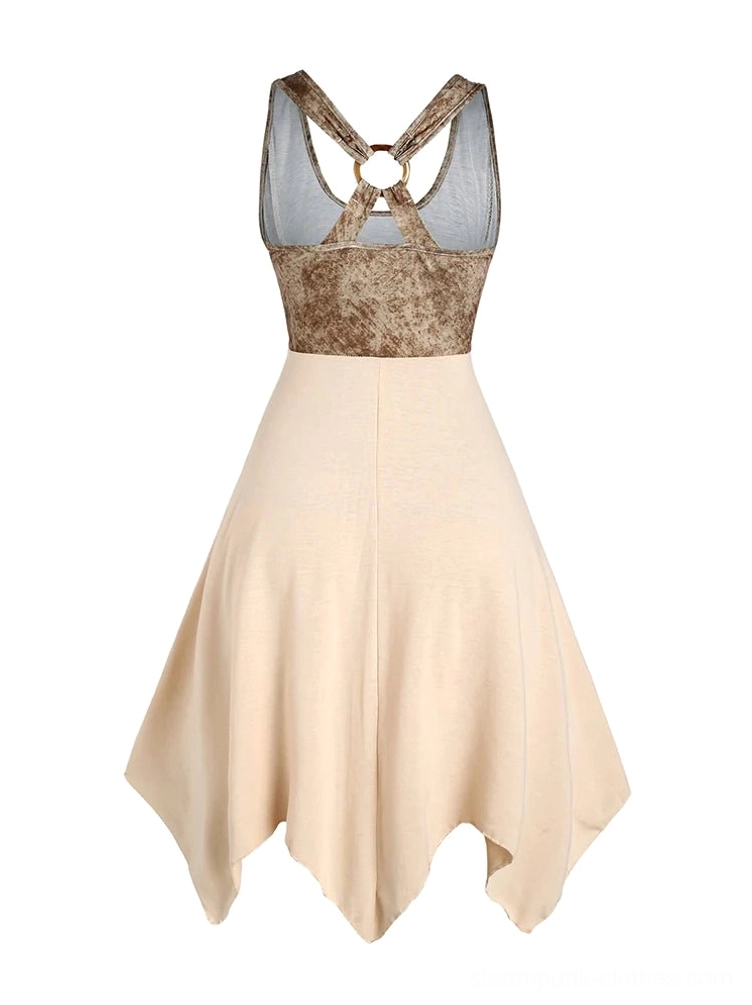 Steampunk midi dress full rear view showcasing cross back straps with O-rings, marbled brown corset-style bodice, solid beige asymmetric skirt, and lace-up construction