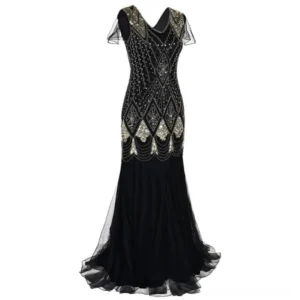 Gothic steampunk mermaid formal dress with deep V-back design and gold sequin detailing, rear view