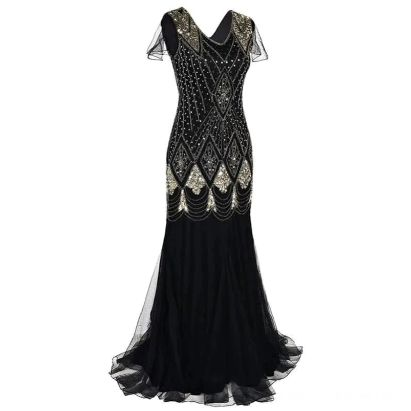 Gothic steampunk mermaid formal dress with deep V-back design and gold sequin detailing, rear view