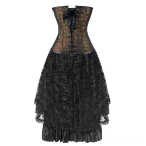 Back view of steampunk corset dress showing hidden side zipper and layered skirt construction with floral lace overlay