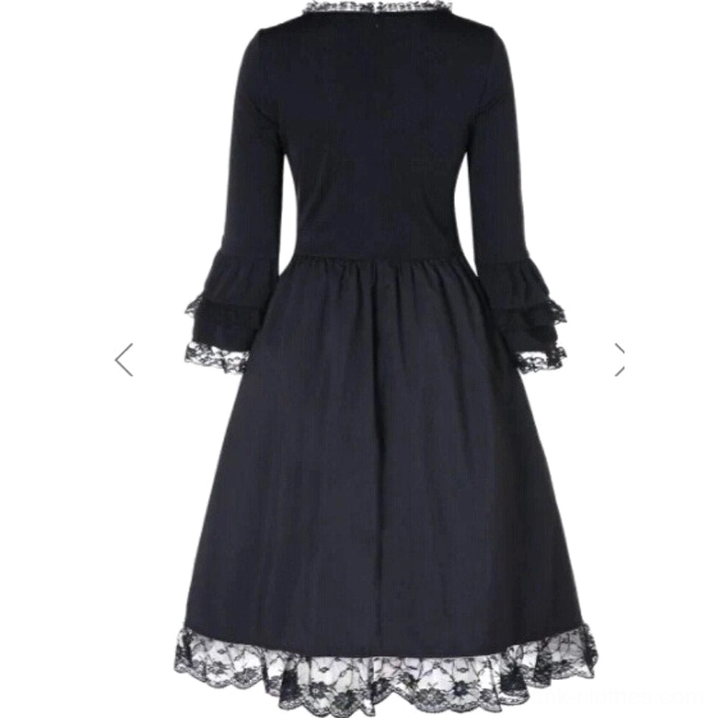 Black gothic steampunk dress back view flat lay displaying solid rear design, lace trim on neckline and sleeves, and full lace skirt hem