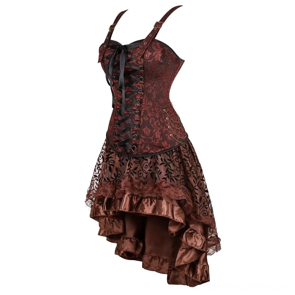Steampunk Corset Dress Back View - Metal Grommets, Lace-Up Ribbon Closure, Side Zipper and Tiered Satin Ruffled Hem