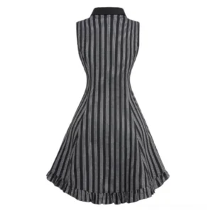 Vintage steampunk pin-up dress back view showing tailored waist, black back collar, and flared ruffled skirt hem on striped fabric