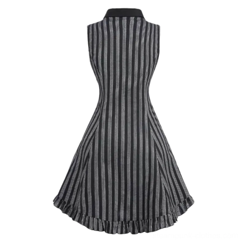 Vintage steampunk pin-up dress back view showing tailored waist, black back collar, and flared ruffled skirt hem on striped fabric