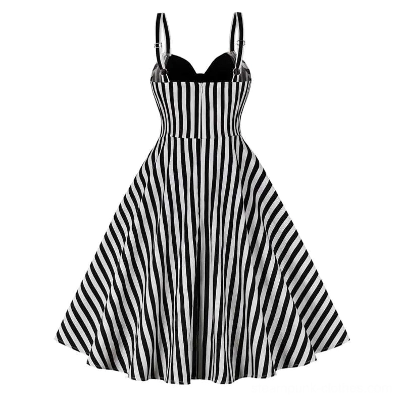 Black and white striped steampunk dress rear view showcasing full-length vertical stripes and flared midi skirt silhouette on white background