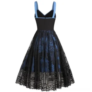 Victorian steampunk dress back view showing exposed center zipper and blue shoulder straps - rear design detail
