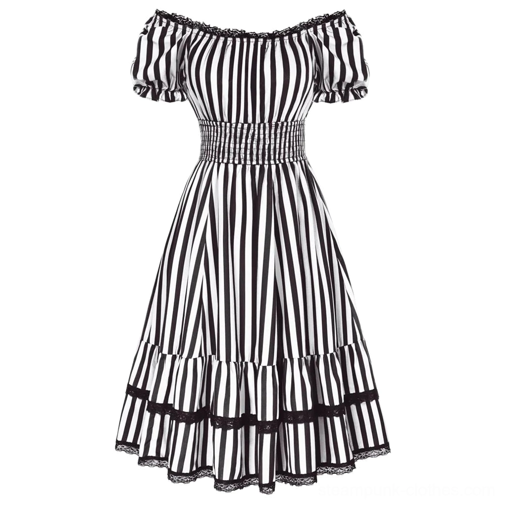 Black and white striped steampunk midi dress front display, featuring off-shoulder puff sleeves, smocked waist, and gothic lace trim accents