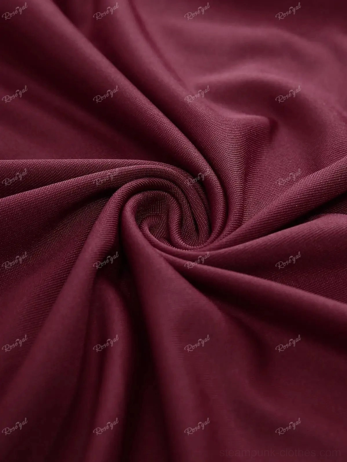 Main body fabric texture of steampunk dress: smooth burgundy stretch polyester with soft drape and rich color depth