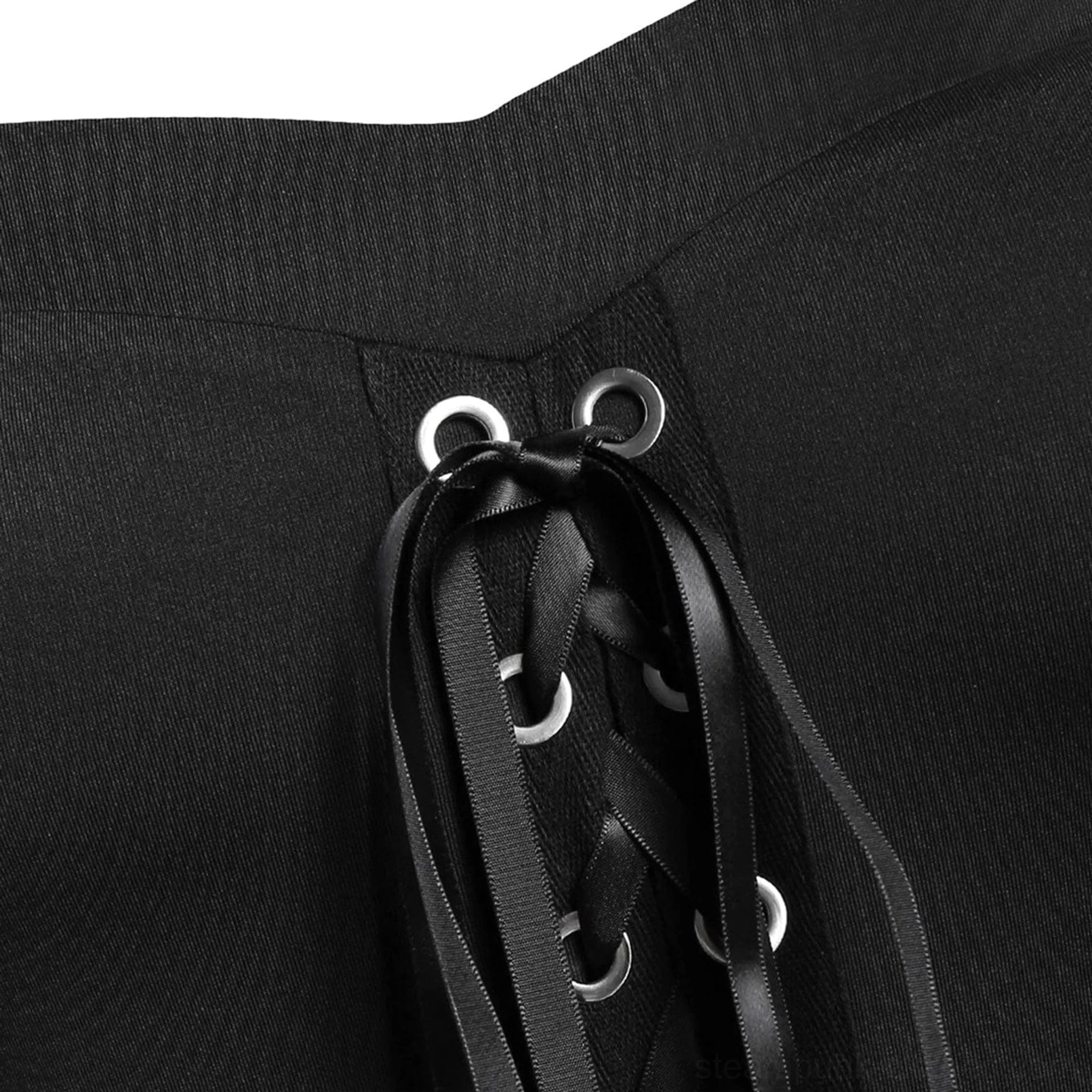 Close-up detail of corset lace-up closure with black satin laces, metal round eyelets, and twill fabric construction showing authentic steampunk craftsmanship