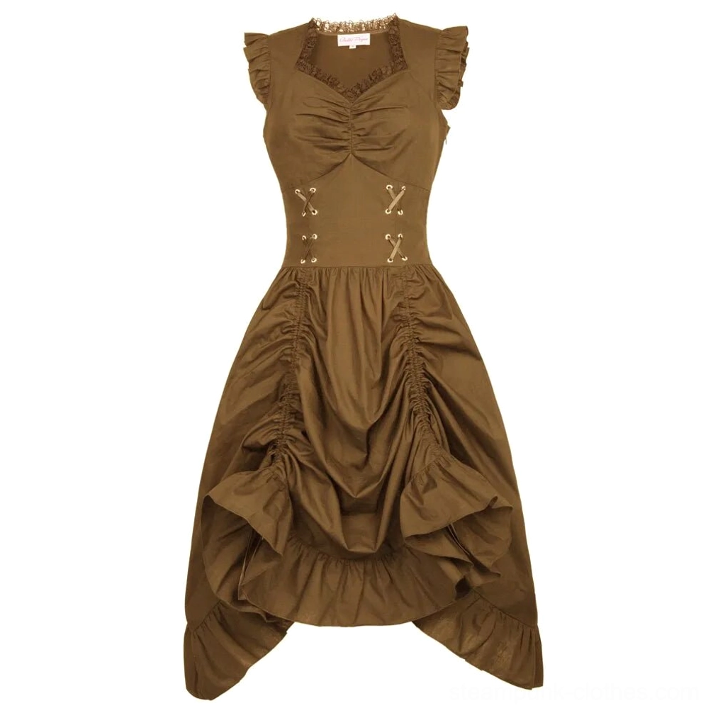 Bronze steampunk dress flat lay front view highlighting high-low ruffled hem and corset grommets detail