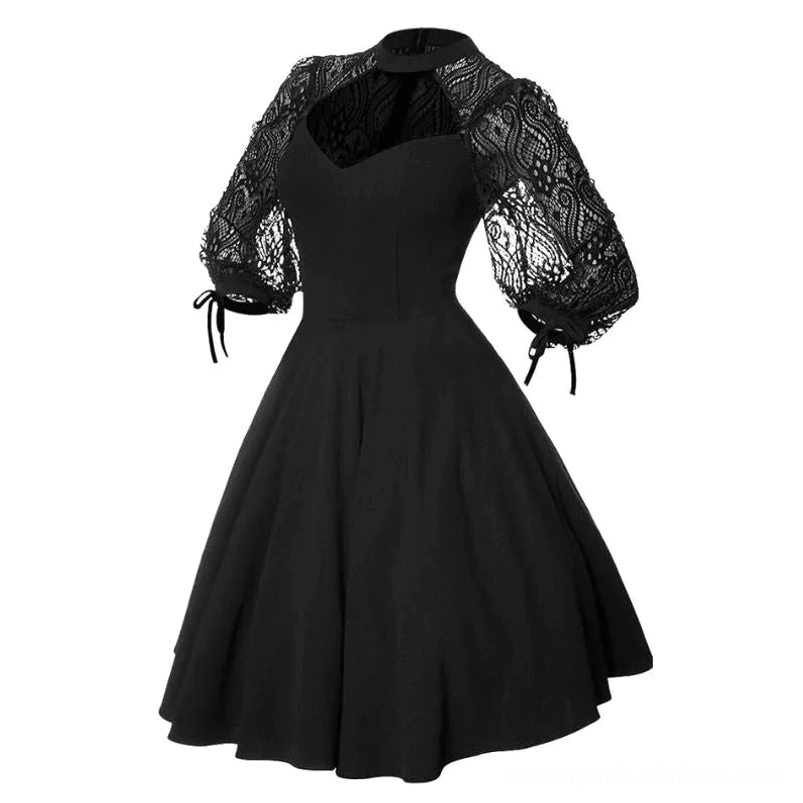 Flat lay front view of black retro steampunk dress showing halter cutout neck, ornate lace three-quarter sleeves, and A-line flared skirt design