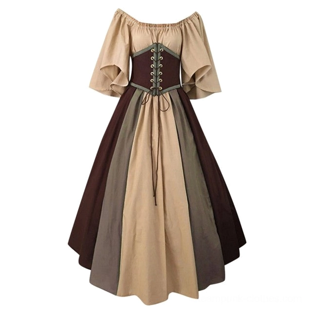 Victorian steampunk dress flat lay front view with off-shoulder flared sleeves, lace-up corset waist, and full-length color-blocked skirt