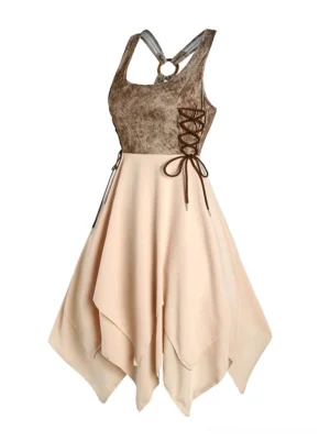 Casual steampunk dress front view featuring square neckline, brown rope lace-up side detail, O-ring back strap, and A-line silhouette in marbled brown bodice with beige skirt
