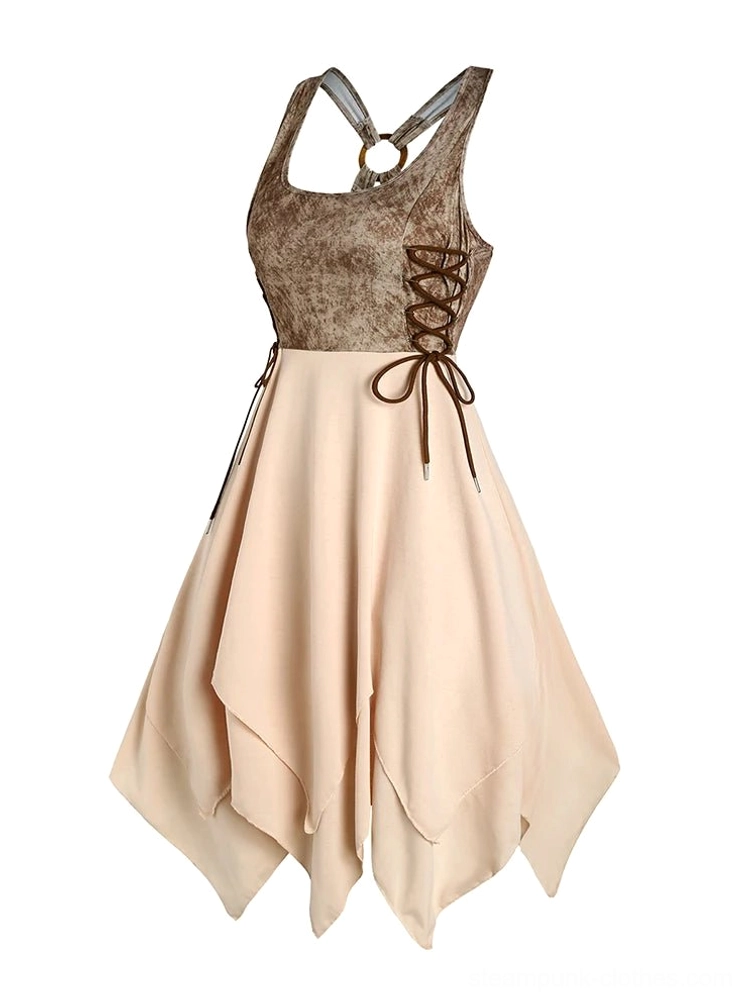Casual steampunk dress front view featuring square neckline, brown rope lace-up side detail, O-ring back strap, and A-line silhouette in marbled brown bodice with beige skirt