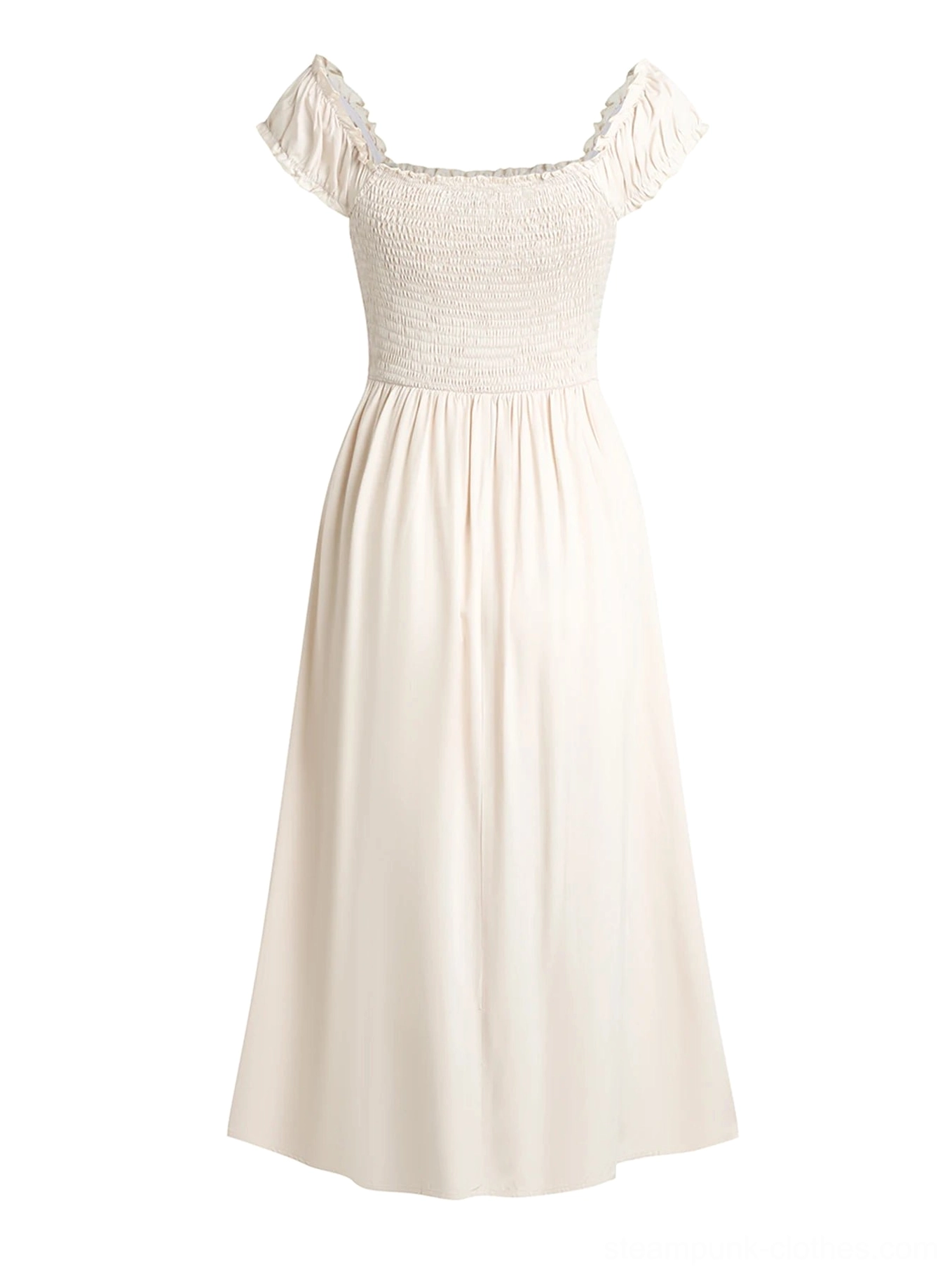 Full front product shot of Victorian steampunk dress featuring square off-shoulder neckline with ruffles, smocked bodice, and flowing A-line skirt