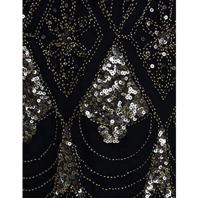 Steampunk evening dress close-up detail of Art Deco geometric beading patterns and gold sequin embroidery showcasing craftsmanship