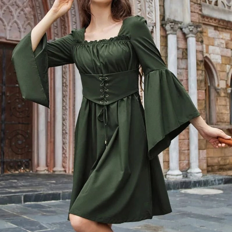 Vintage-inspired green steampunk dress with removable waistband, ruffled square neckline, and flared long sleeves, three-quarter front angle