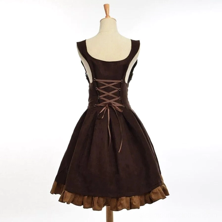 Brown steampunk suspender skirt back view on dress form, showcasing lace-up corset back design with suede fabric construction against yellow vintage studio background