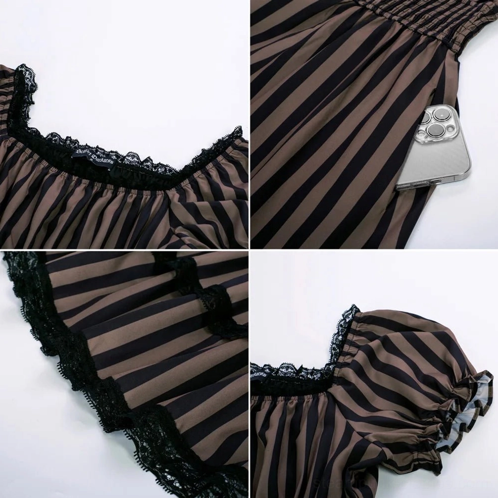 Steampunk dress construction details close-up, displaying lace neckline trim, vertical stripe fabric texture, and lace sleeve embellishments