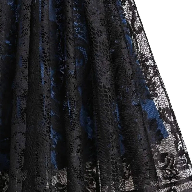Floral black lace overlay skirt detail with blue underlayer and pleated texture - steampunk midi dress hem