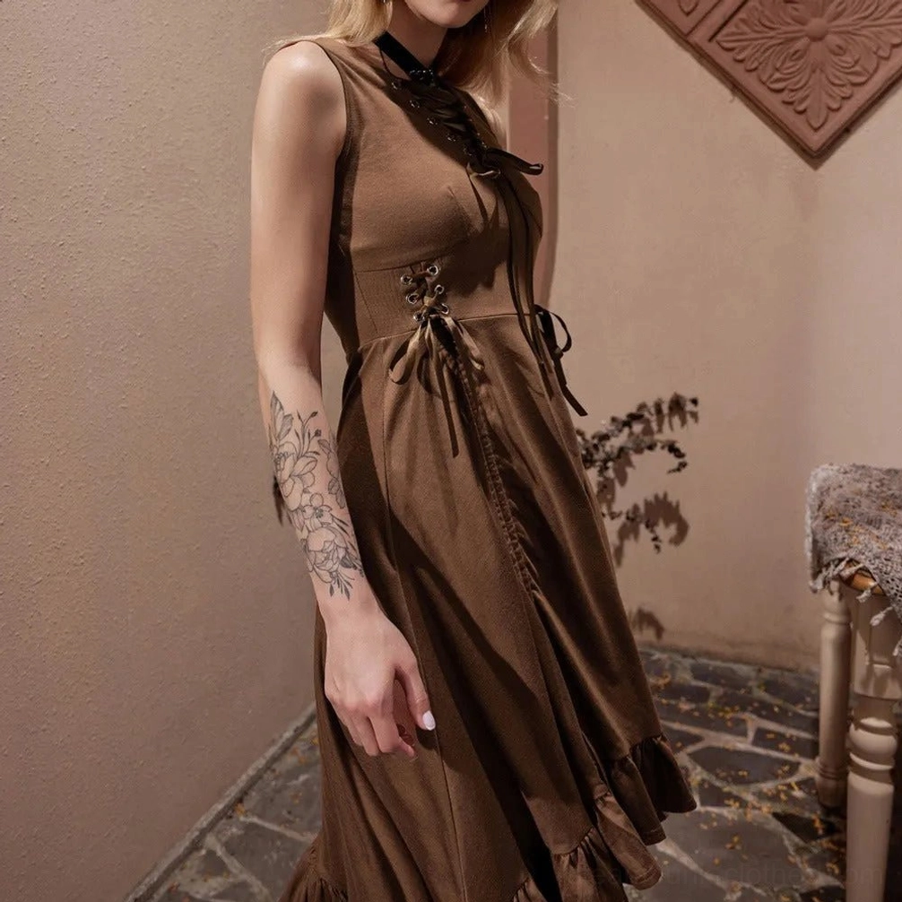 Close-up side view of steampunk dress showing sleeveless lace-up waist design with black choker accessory