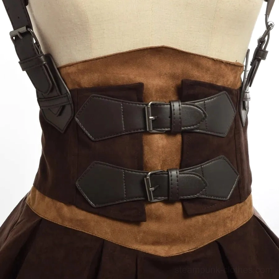 Close-up detail of brown steampunk dress waistband featuring dual leather buckles and brown suede material, demonstrating quality hardware and construction