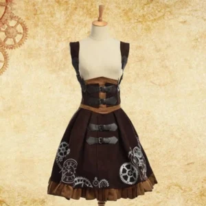 Brown steampunk dress on mannequin, front view displaying dual leather buckles, ruffled hem, and intricate silver gear embroidery on vintage gear pattern background