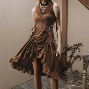 Woman modeling brown steampunk midi dress with lace-up front and side drawstring details in retro stone patio setting