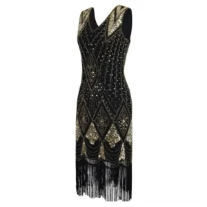 Steampunk flapper dress partial front view showcasing asymmetrical design with exposed shoulder and detailed gold sequin beading on black base