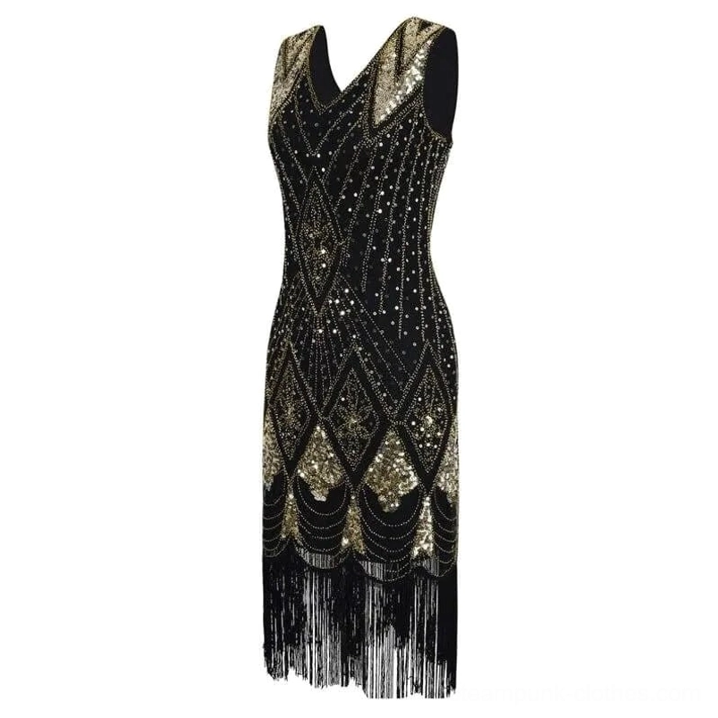 Steampunk flapper dress partial front view showcasing asymmetrical design with exposed shoulder and detailed gold sequin beading on black base