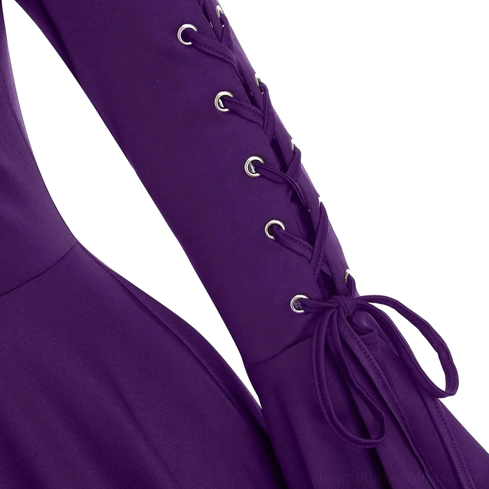 Close-up detail of bell sleeve with metal eyelet lace-up trim and drawstring tie cuff