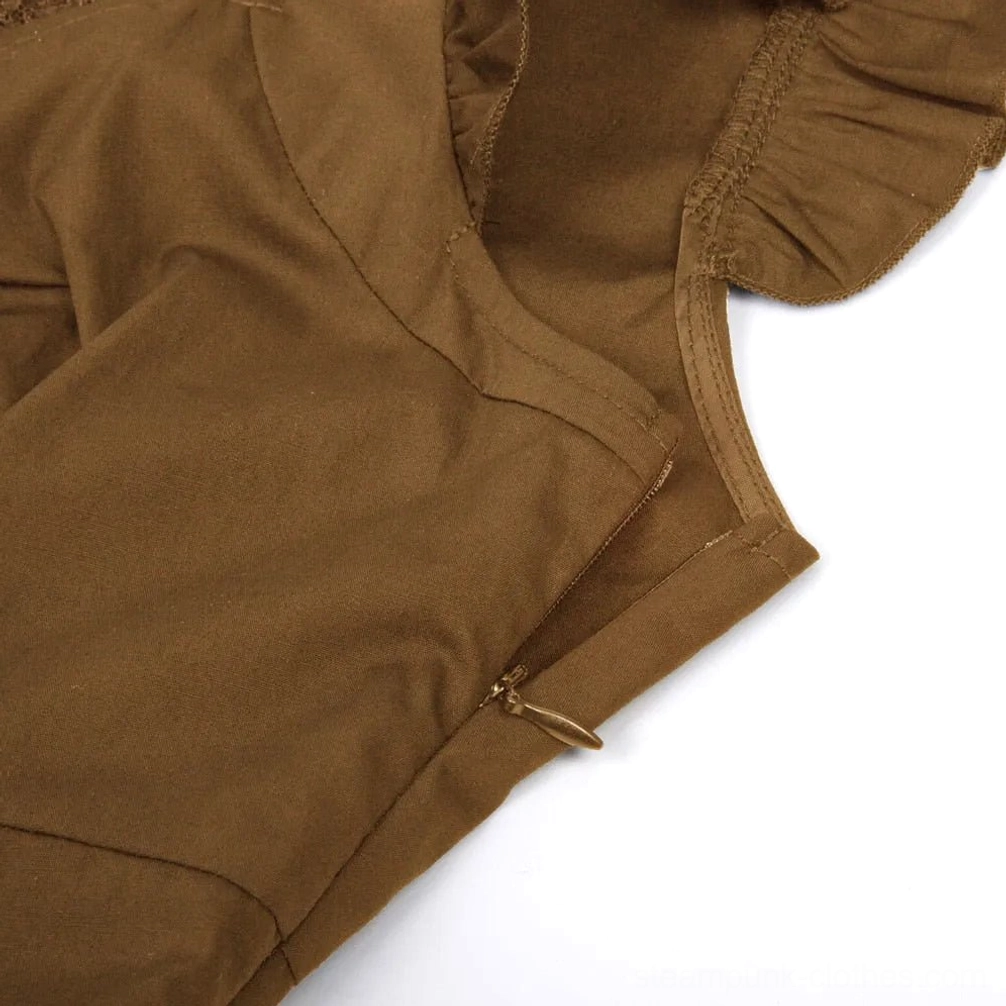 Close-up detail of bronze steampunk dress ruffled sleeve edge and hidden side zipper