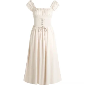 Flat lay detail of beige steampunk dress showing ruffled cap sleeves, smocked bust panel with structured waist, and lace-up corset fastening
