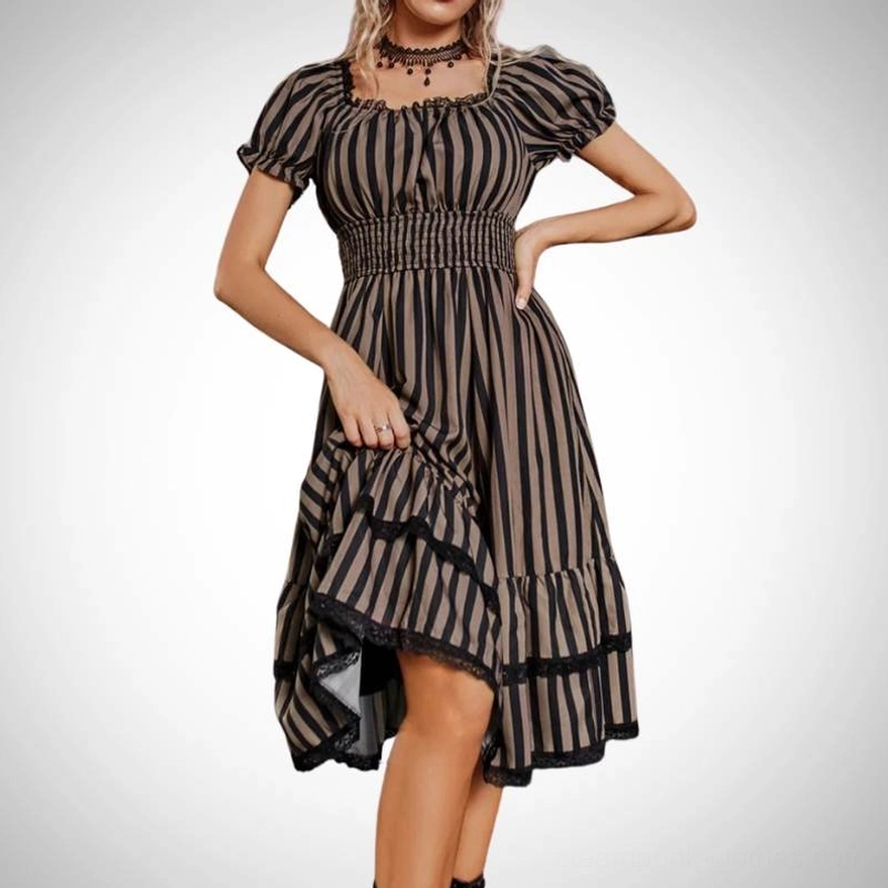 Steampunk midi dress with square neck, tiered lace ruffle skirt, and dramatic vertical stripe pattern - studio display view