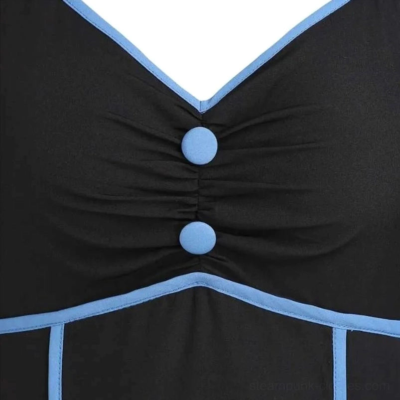Close-up detail of sweetheart bustline with ruched fabric and decorative blue buttons - steampunk dress bodice
