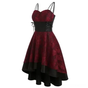 Three-quarter view of steampunk floral dress showing black corset waist lacing, layered black skirt trim, and burgundy floral pattern detail