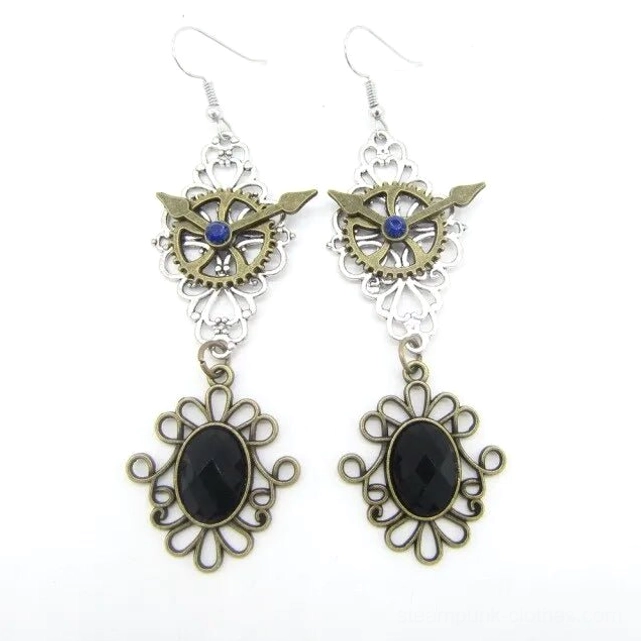 Black gemstone steampunk drop earrings with silver and bronze metal construction and blue gear accents