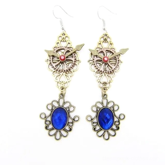 Blue gemstone steampunk drop earrings with bronze alloy gear design and tiny red gem accents