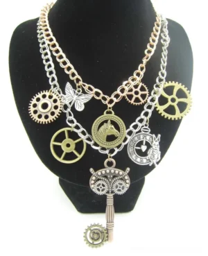 Steampunk dual-layer chain necklace with gear and pocket watch pendants displayed on black jewelry mannequin, front view showing intricate charms and mixed metal tones