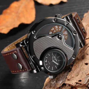 Steampunk dual time zone watch top side view displaying glossy black case, dual independent crowns, and riveted brown leather band with industrial clasp