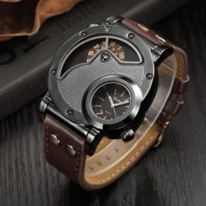 Steampunk dual time zone men's watch three-quarter front view showing gunmetal grey case, brown leather strap with rivets, and textured dual dials on dark wooden desktop