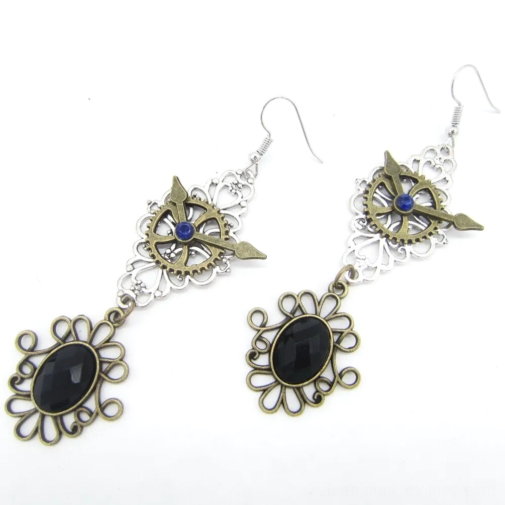 Silver alloy steampunk earrings with black gemstone and decorative gear with blue gem details