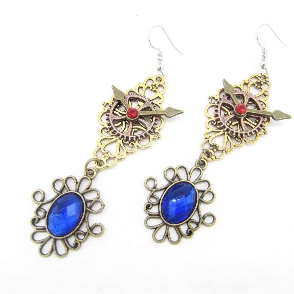 Mixed metal steampunk earrings with blue oval gem pendant and bronze gold gear decorative elements