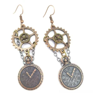 Steampunk clock charm earrings with mechanical gear and delicate chain, vintage-inspired design on white background