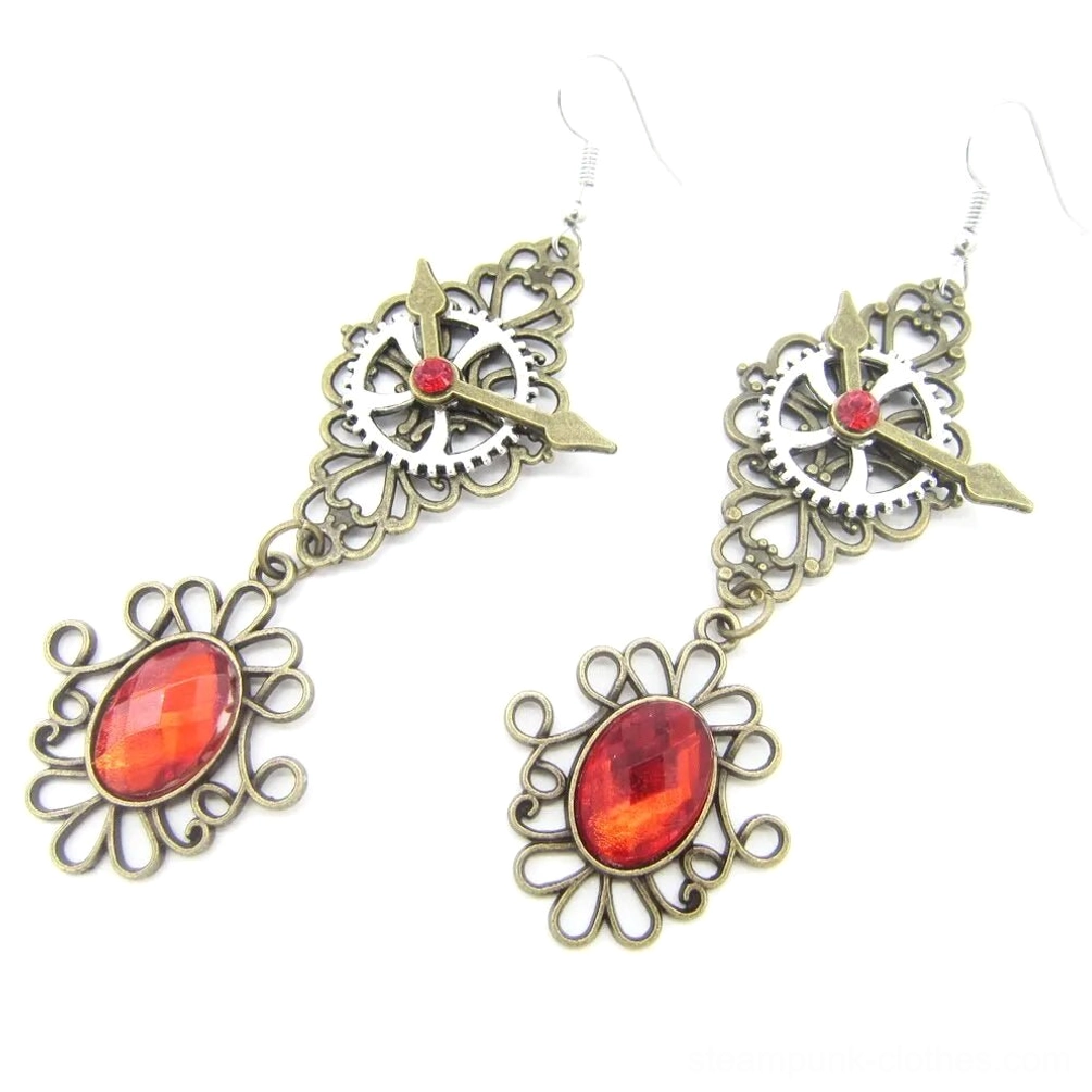 Silver and bronze steampunk drop earrings with red oval gemstone and decorative metal chain details