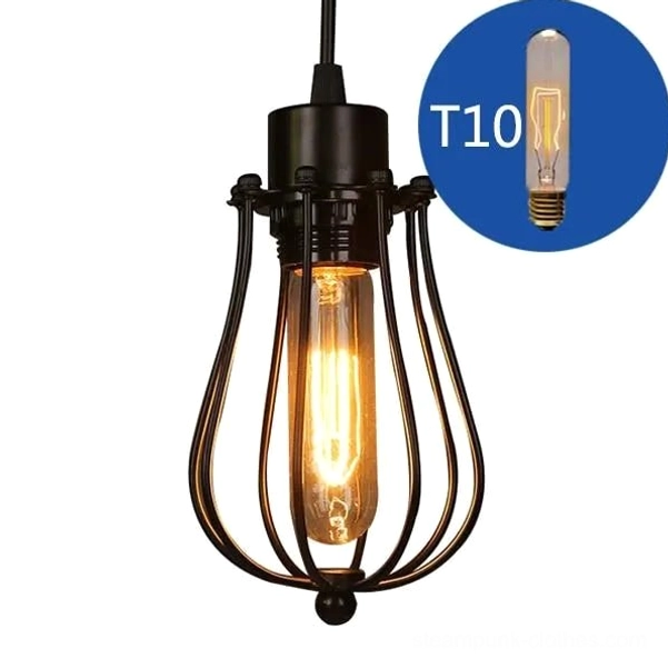 T10 Edison cage pendant light fixture front view with glowing vintage filament bulb, isolated on white background
